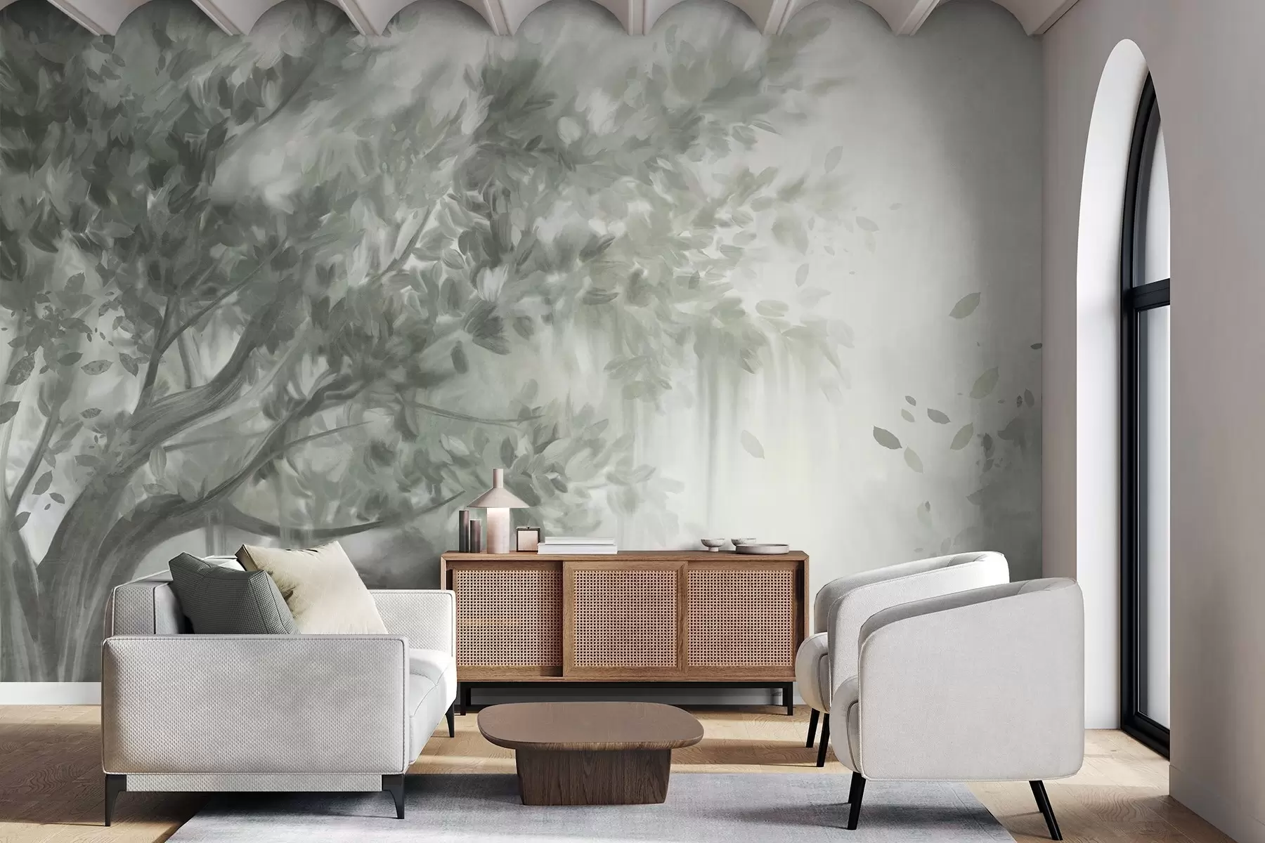 Carta da parati nature Albero con foglie e rami verdi, con uno sfondo morbido e sfumato 