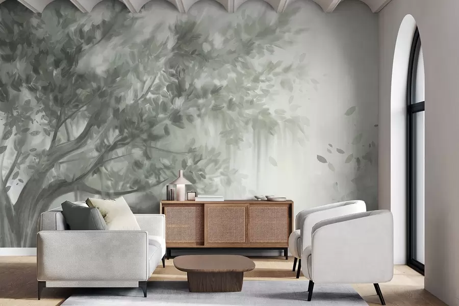 Carta da parati nature Albero con foglie e rami verdi, con uno sfondo morbido e sfumato 