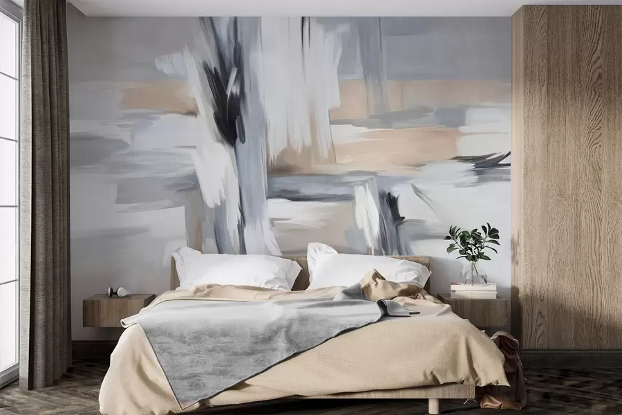 carta da parati Stile pittorico astratto con pennellate in tonalità di bianco, grigio e beige nr. w09651