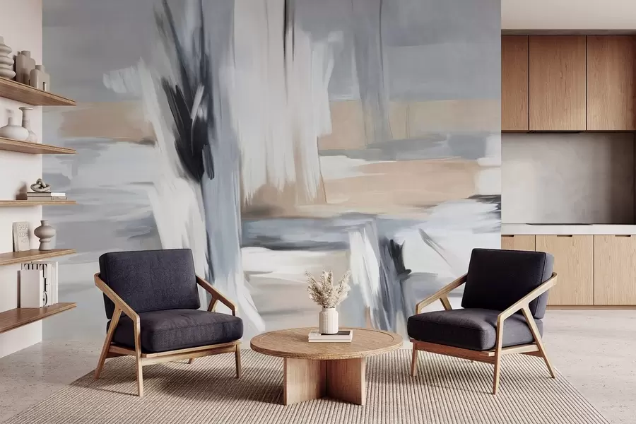 carta da parati Stile pittorico astratto con pennellate in tonalità di bianco, grigio e beige nr. w09651