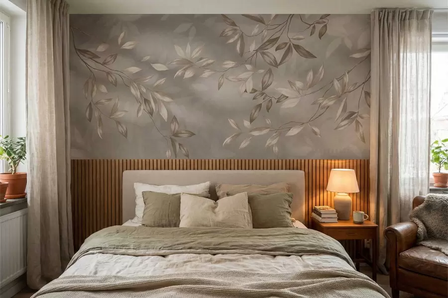 carta da parati Eleganti rami frondosi nei toni del beige su sfondo chiaro nr. w05113