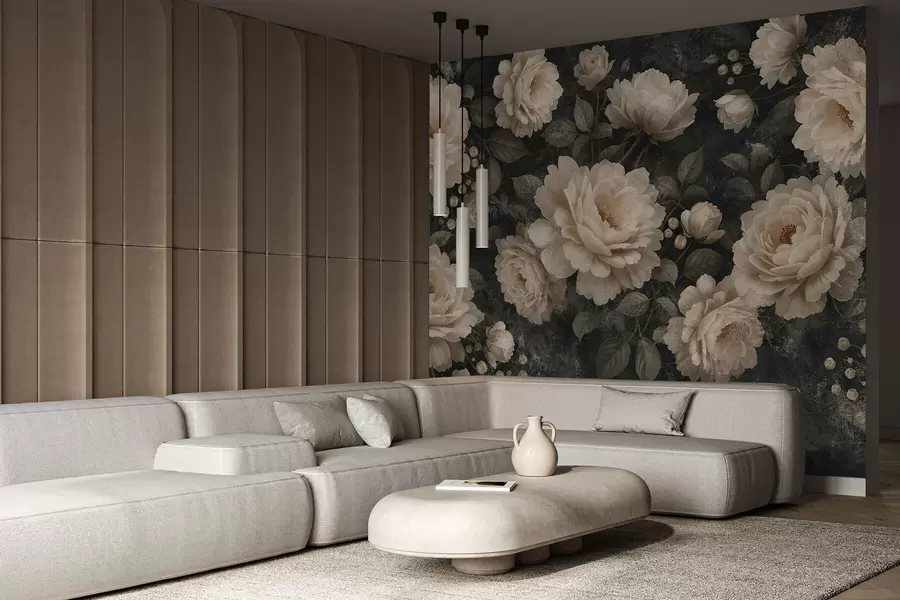 carta da parati Fiori voluminosi in tonalità beige su sfondo scuro nr. w05114