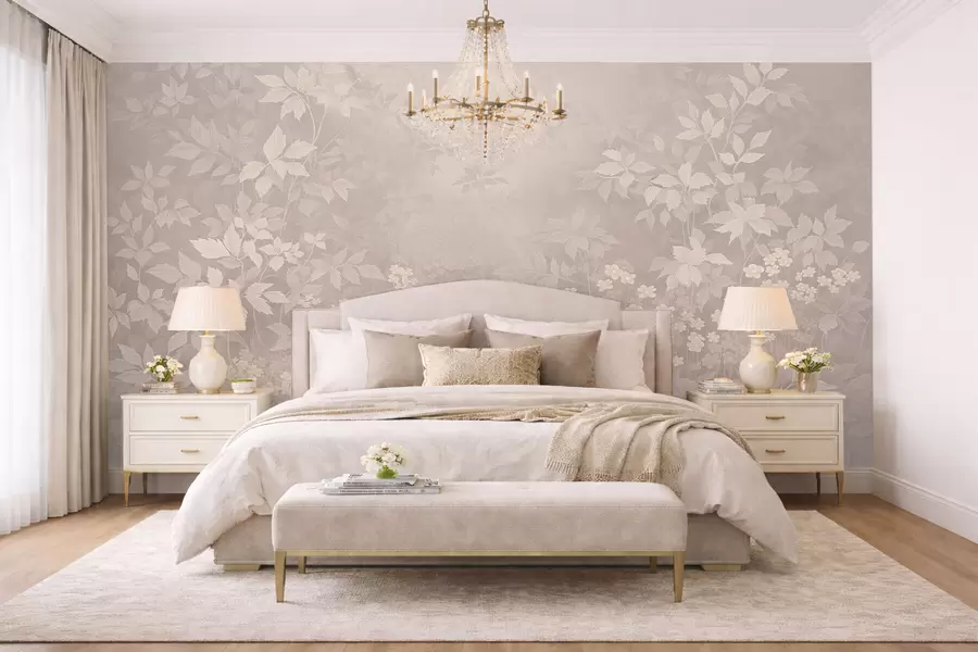 carta da parati Ornamento botanico leggero con foglie e piccoli fiori nr. w05115