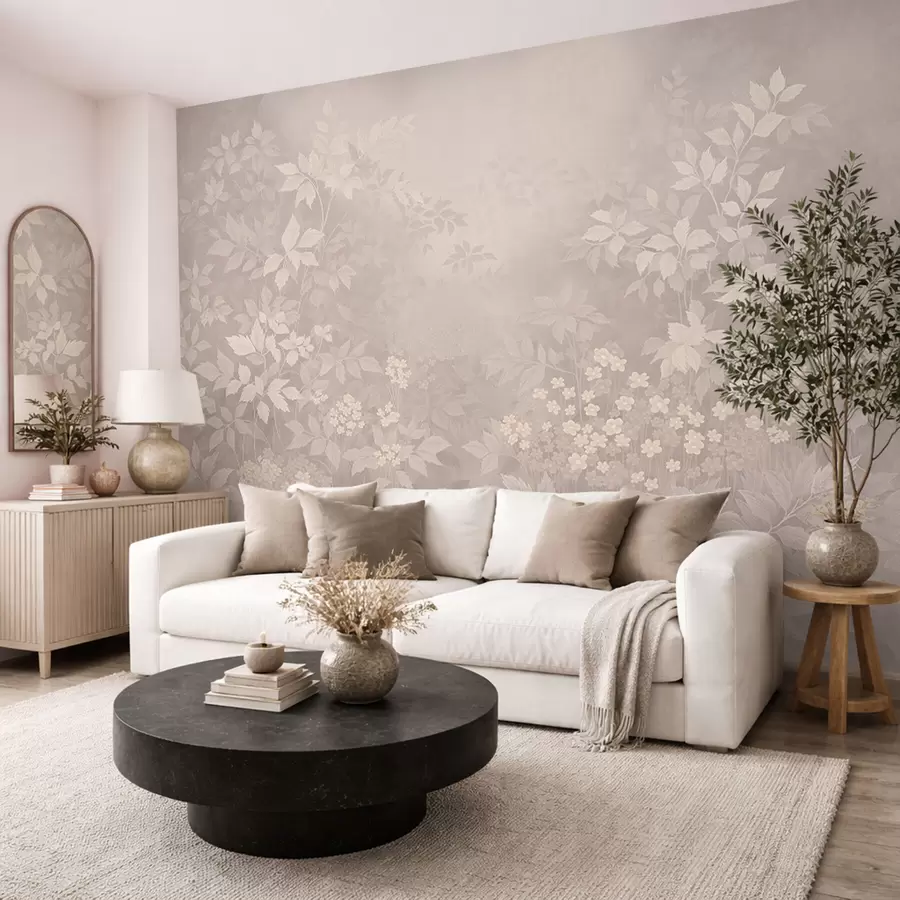 carta da parati Ornamento botanico leggero con foglie e piccoli fiori nr. w05115