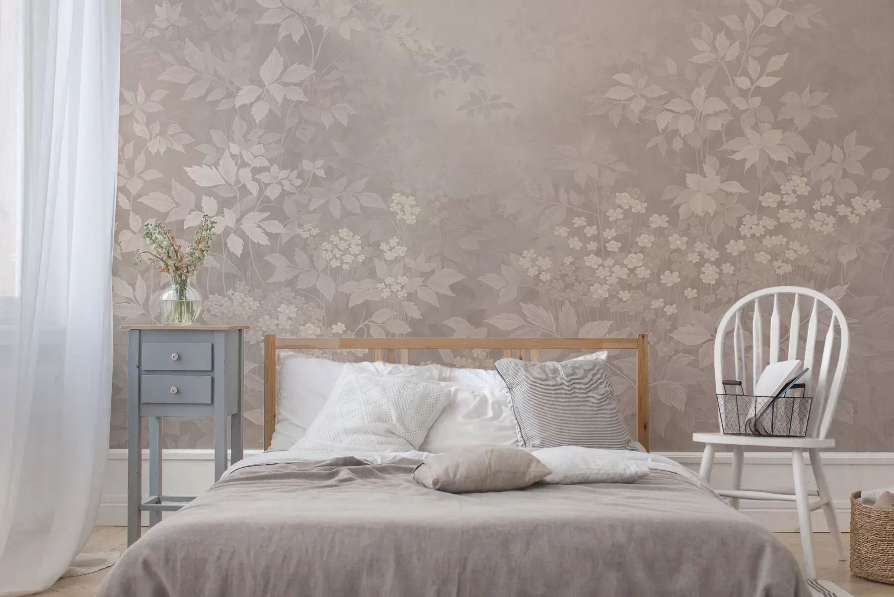 carta da parati Ornamento botanico leggero con foglie e piccoli fiori nr. w05115