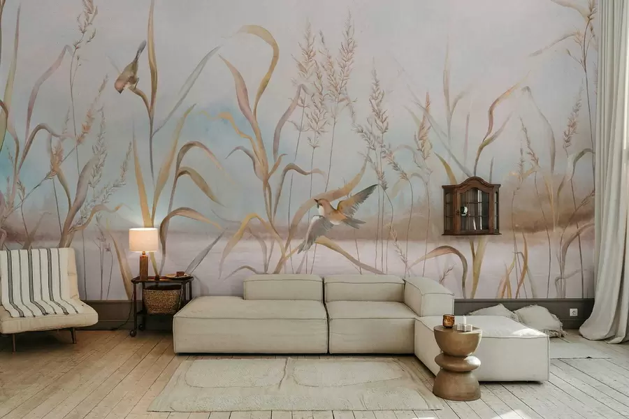Carta da parati nature Illustrazione di canne e uccelli sull'acqua in tonalità tenui 