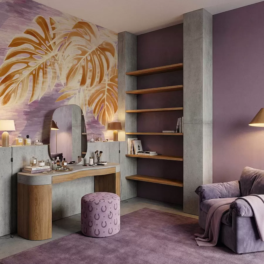 carta da parati Foglie dai toni caldi dell'arancio su sfondo viola nr. w05130v2