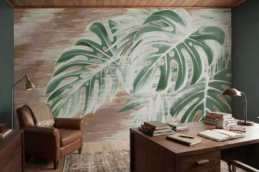 carta da parati Foglie verdi su una base astratta dalla texture calda nr. w05130v3