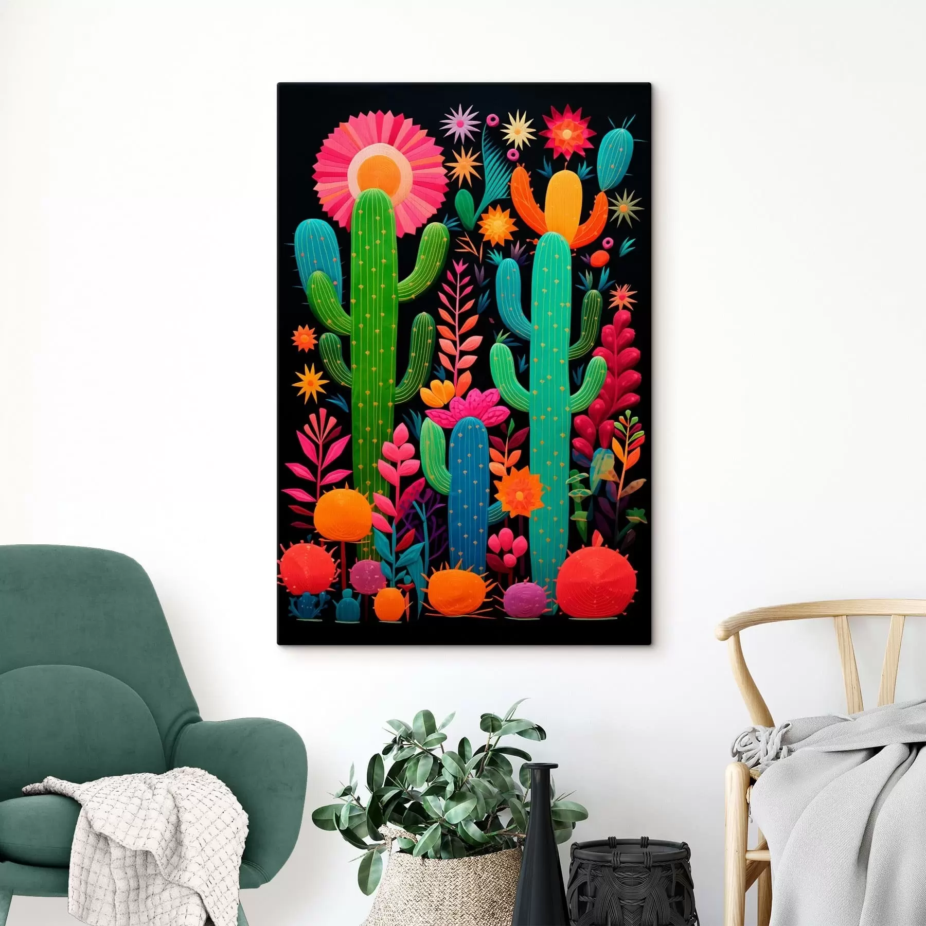 carta da parati Cactus e fiori dai colori vivaci su sfondo scuro nr. s47297