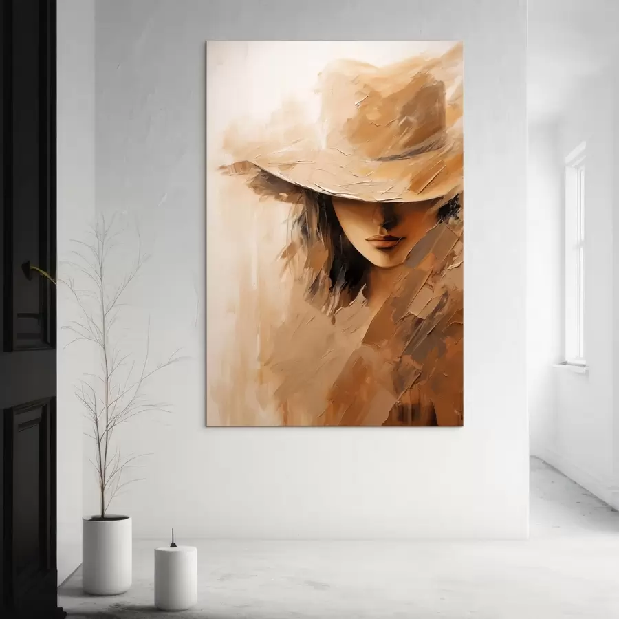 carta da parati Donna con cappello dipinta con pennellate calde e materiche nr. s47315