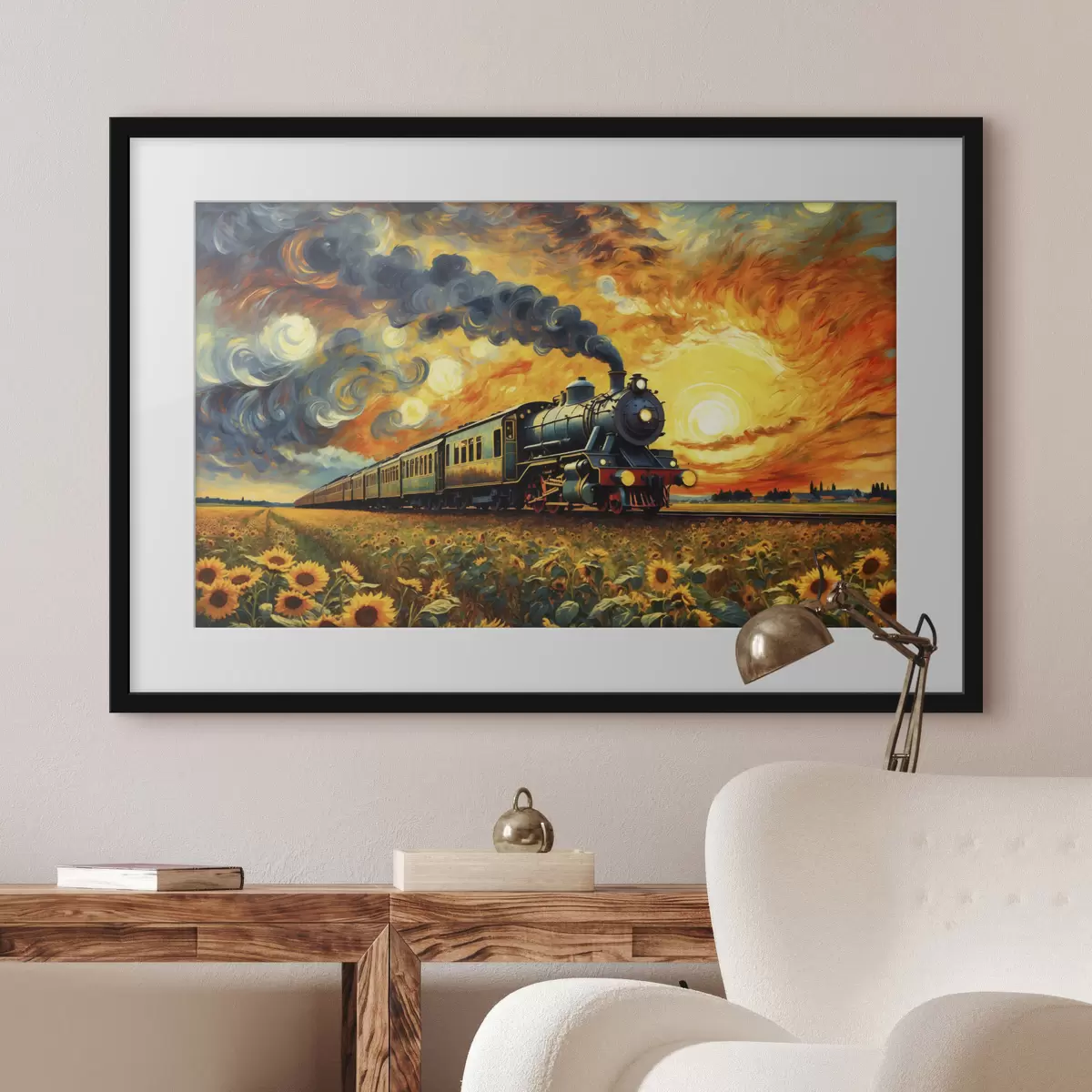 Poster Treno a vapore in un campo con cielo spettacolare f47257