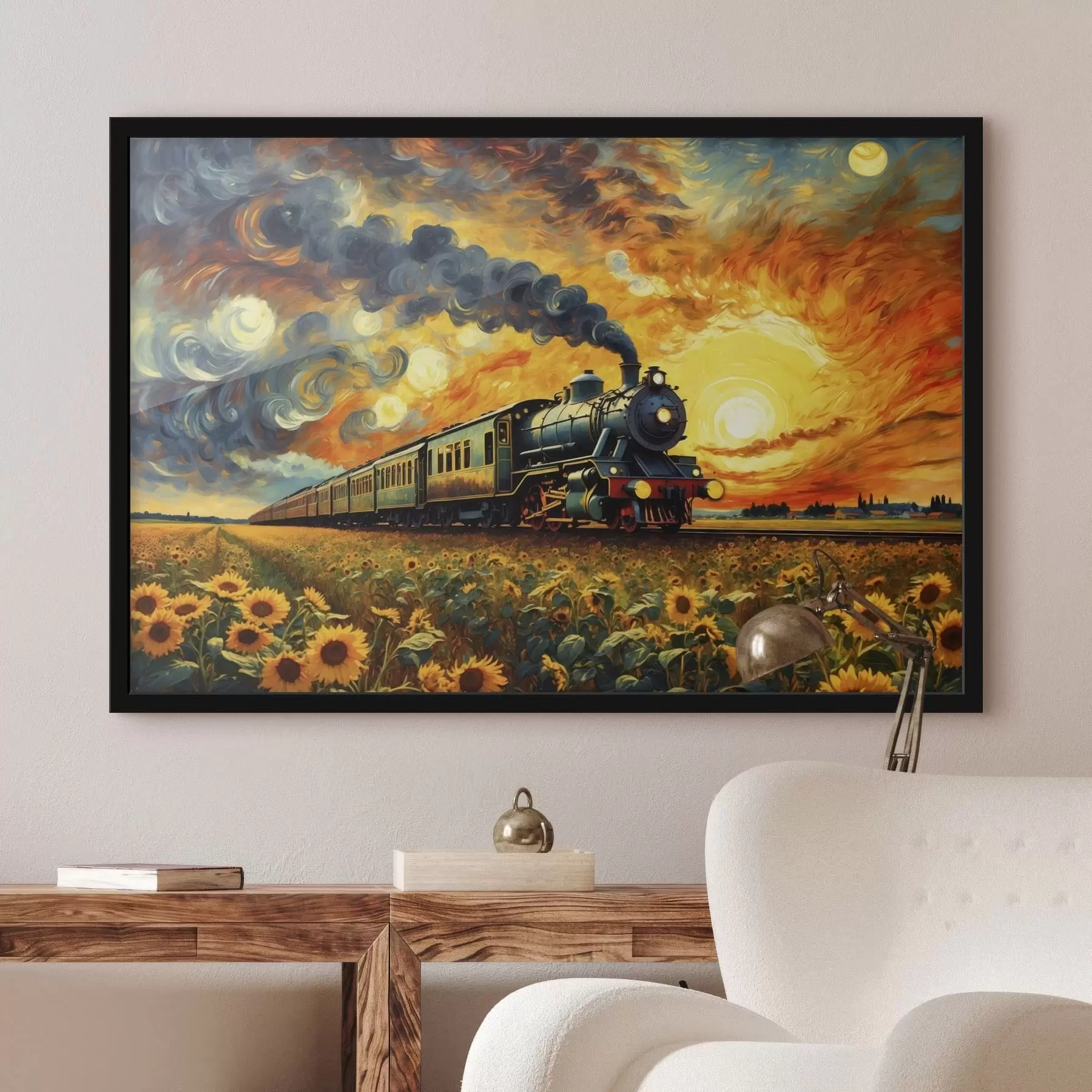 carta da parati Treno a vapore in un campo con cielo spettacolare nr. f47257