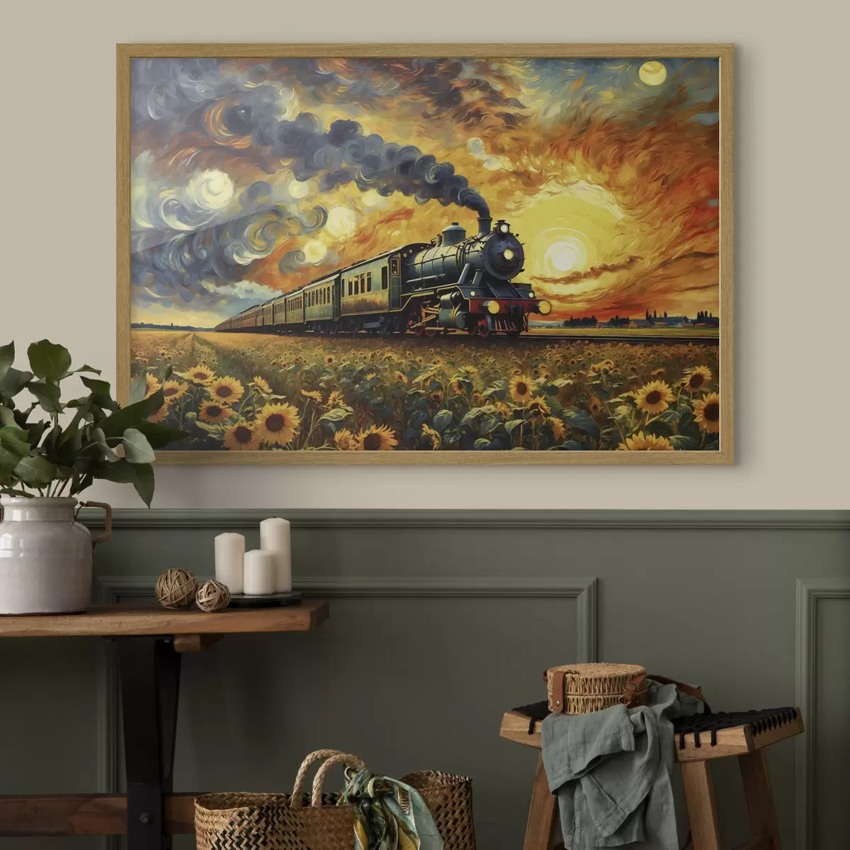 Poster Treno a vapore in un campo con cielo spettacolare f47257