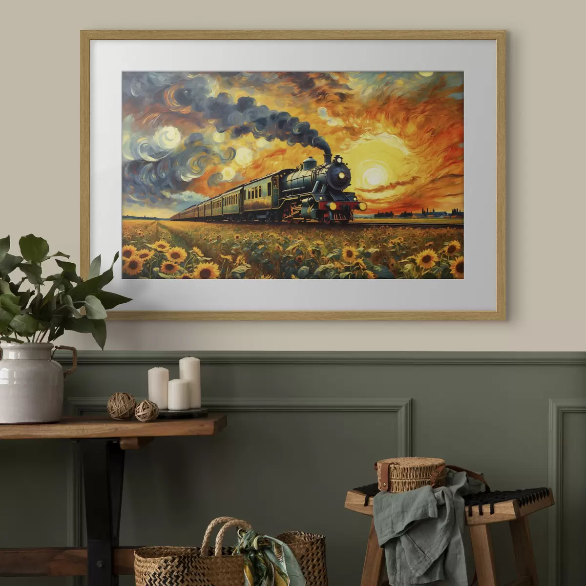 Poster Treno a vapore in un campo con cielo spettacolare f47257