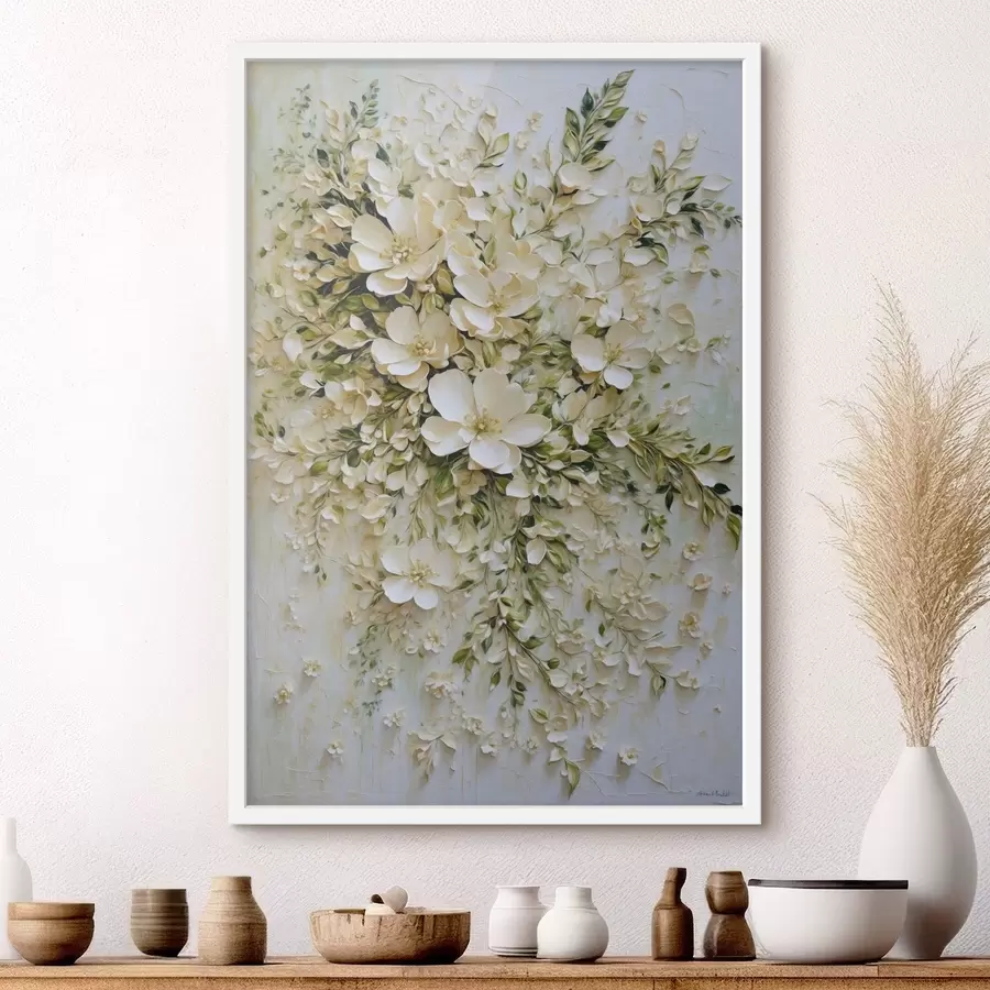 carta da parati Grande composizione di fiori color crema e foglie nr. f47267