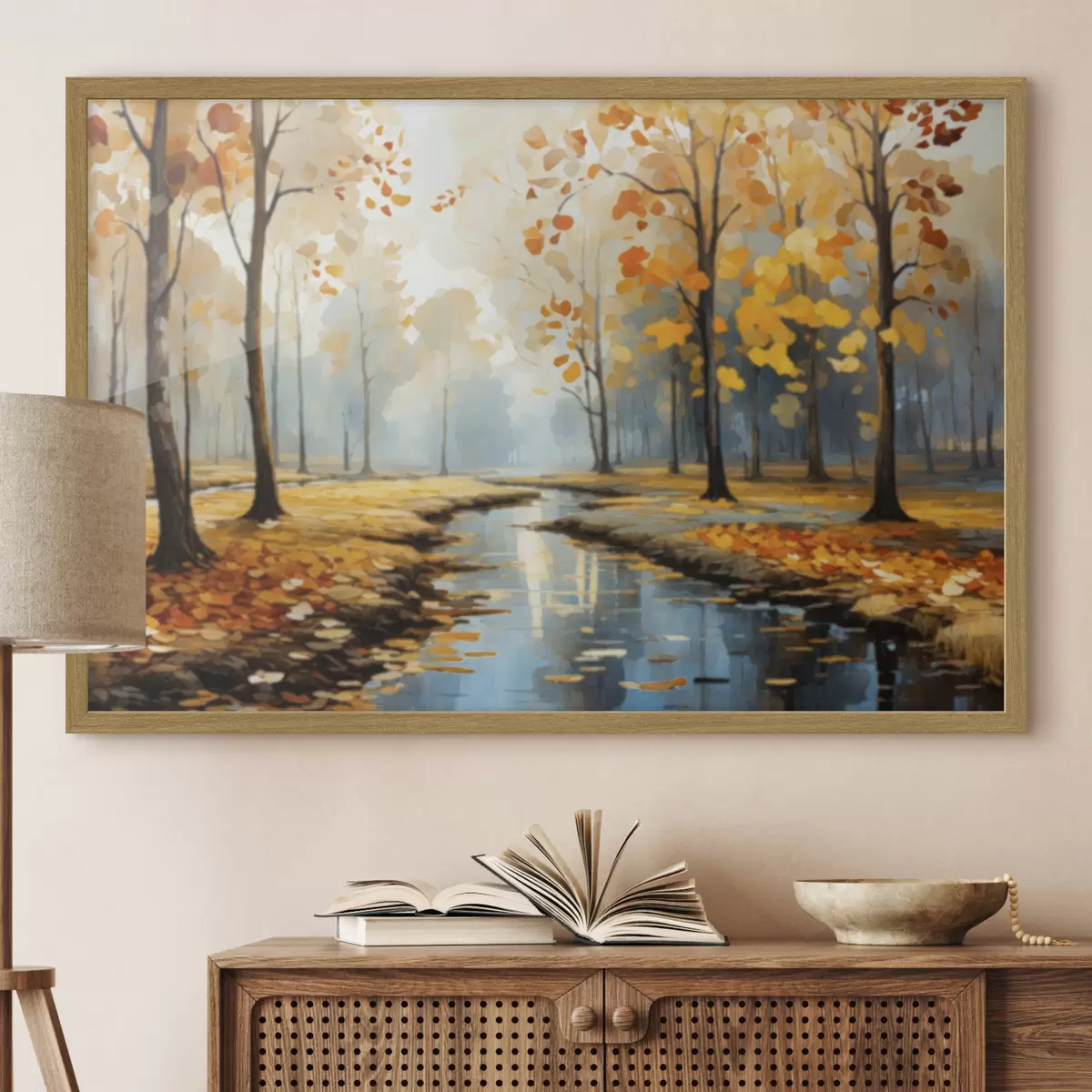 Poster Foresta autunnale con un ruscello e foglie gialle f47278