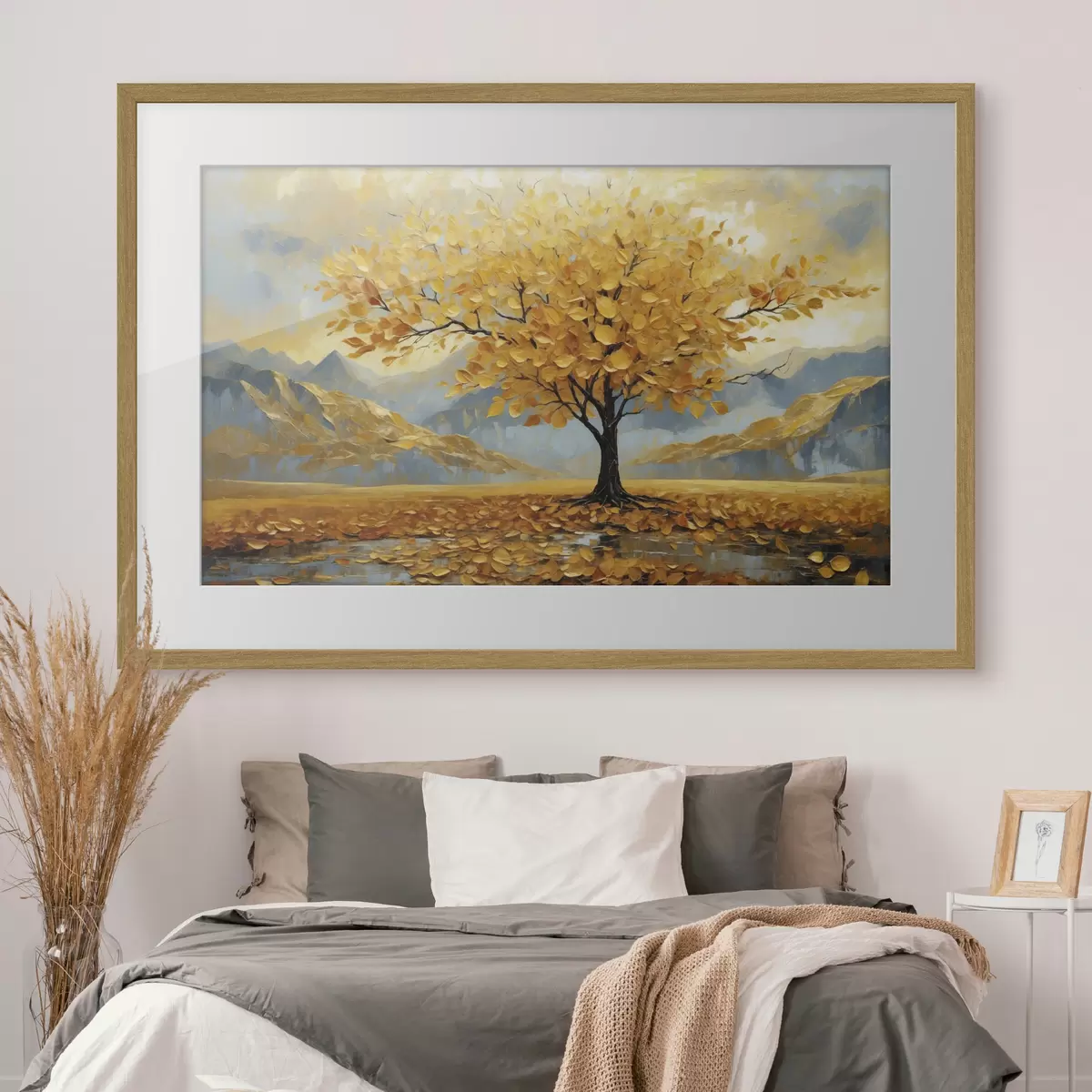 Poster Albero con foglie gialle in un paesaggio montano f47285