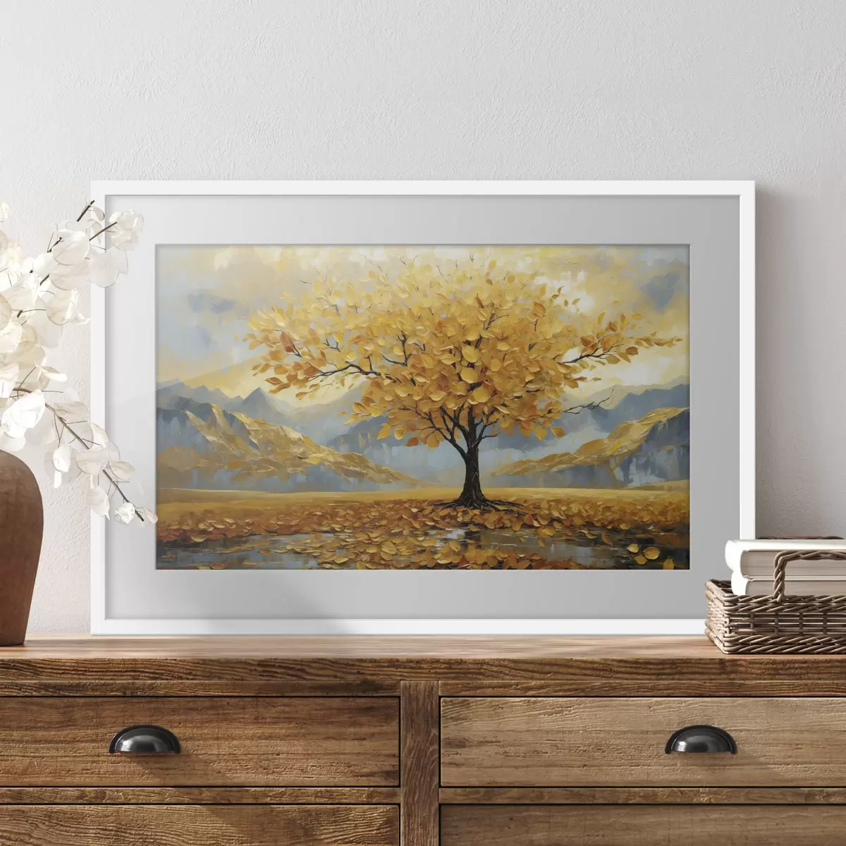 Poster Albero con foglie gialle in un paesaggio montano f47285