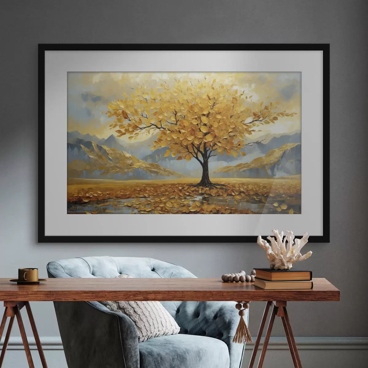 Poster Albero con foglie gialle in un paesaggio montano f47285