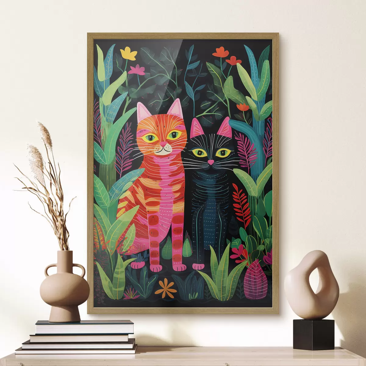 Poster Due gatti stilizzati tra piante dai colori vivaci f47298