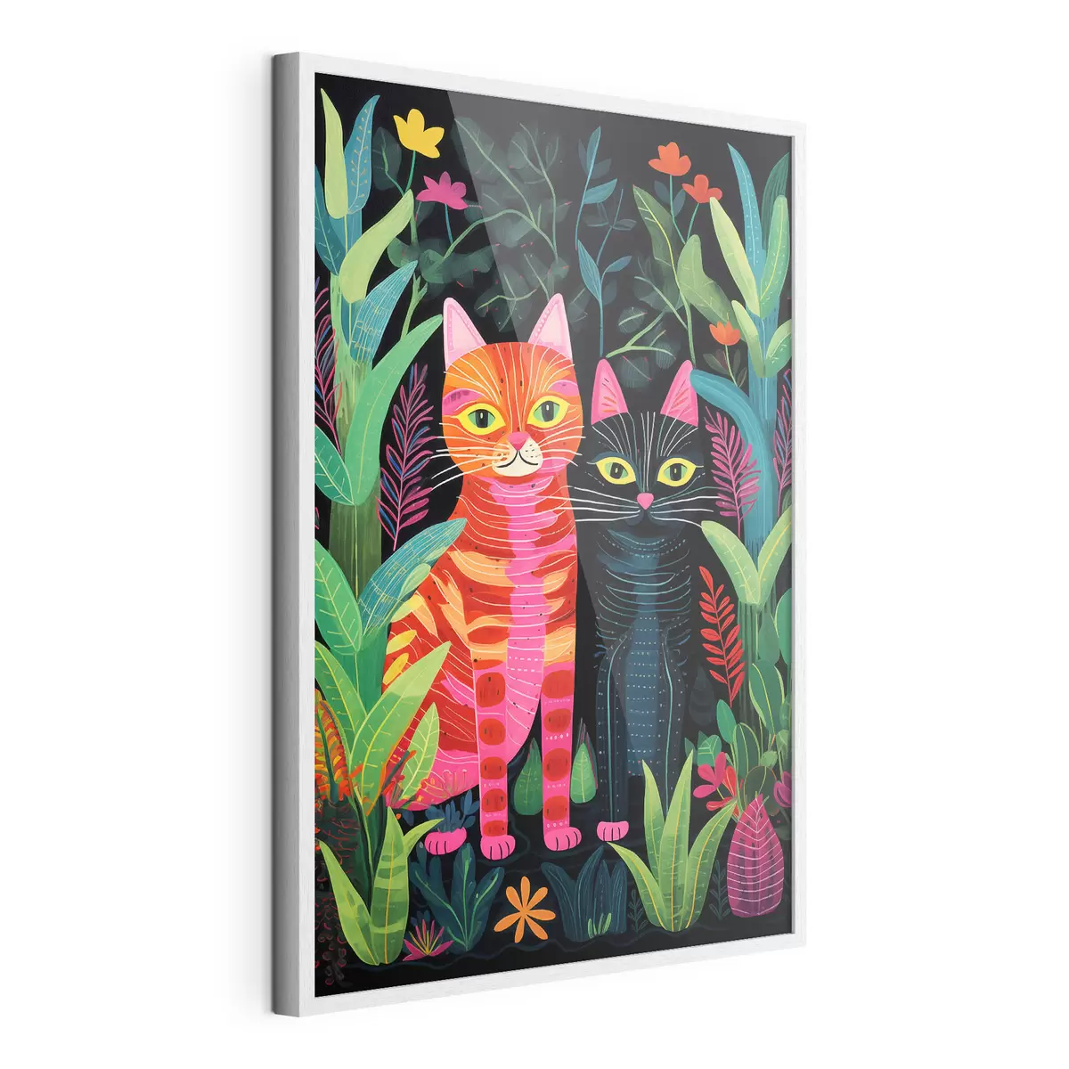 Poster Due gatti stilizzati tra piante dai colori vivaci f47298