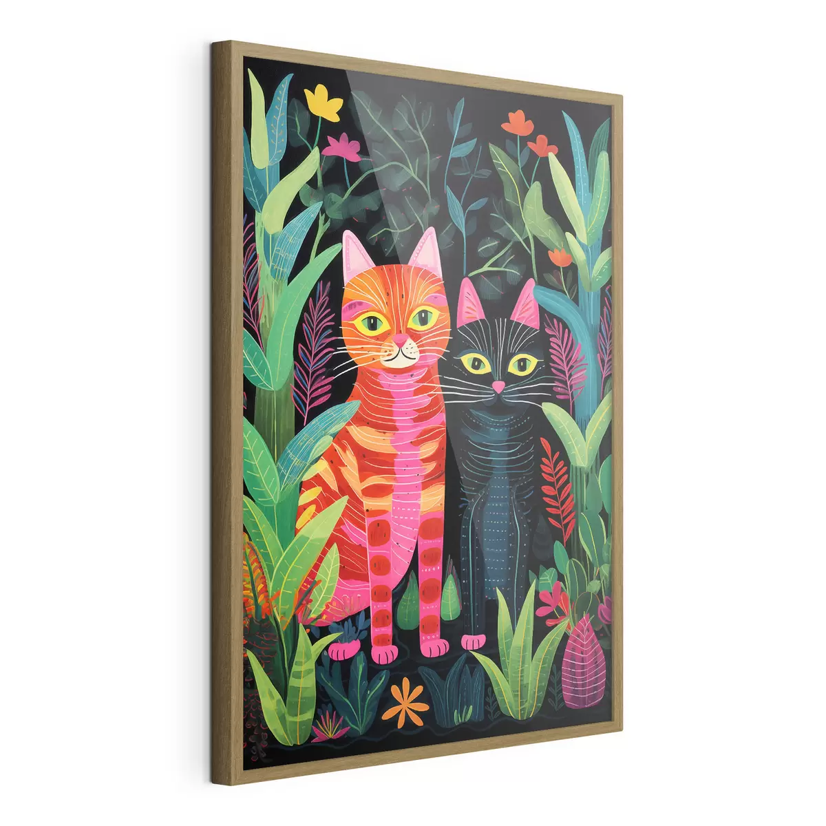 Poster Due gatti stilizzati tra piante dai colori vivaci f47298
