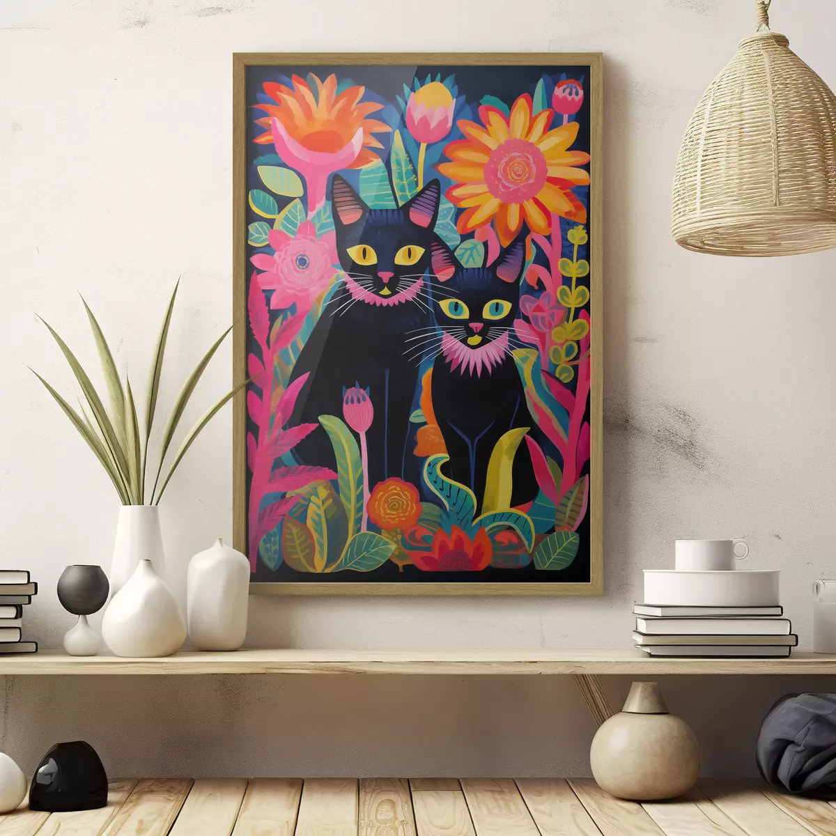 Poster Due gatti neri tra fiori dai colori vivaci f47299