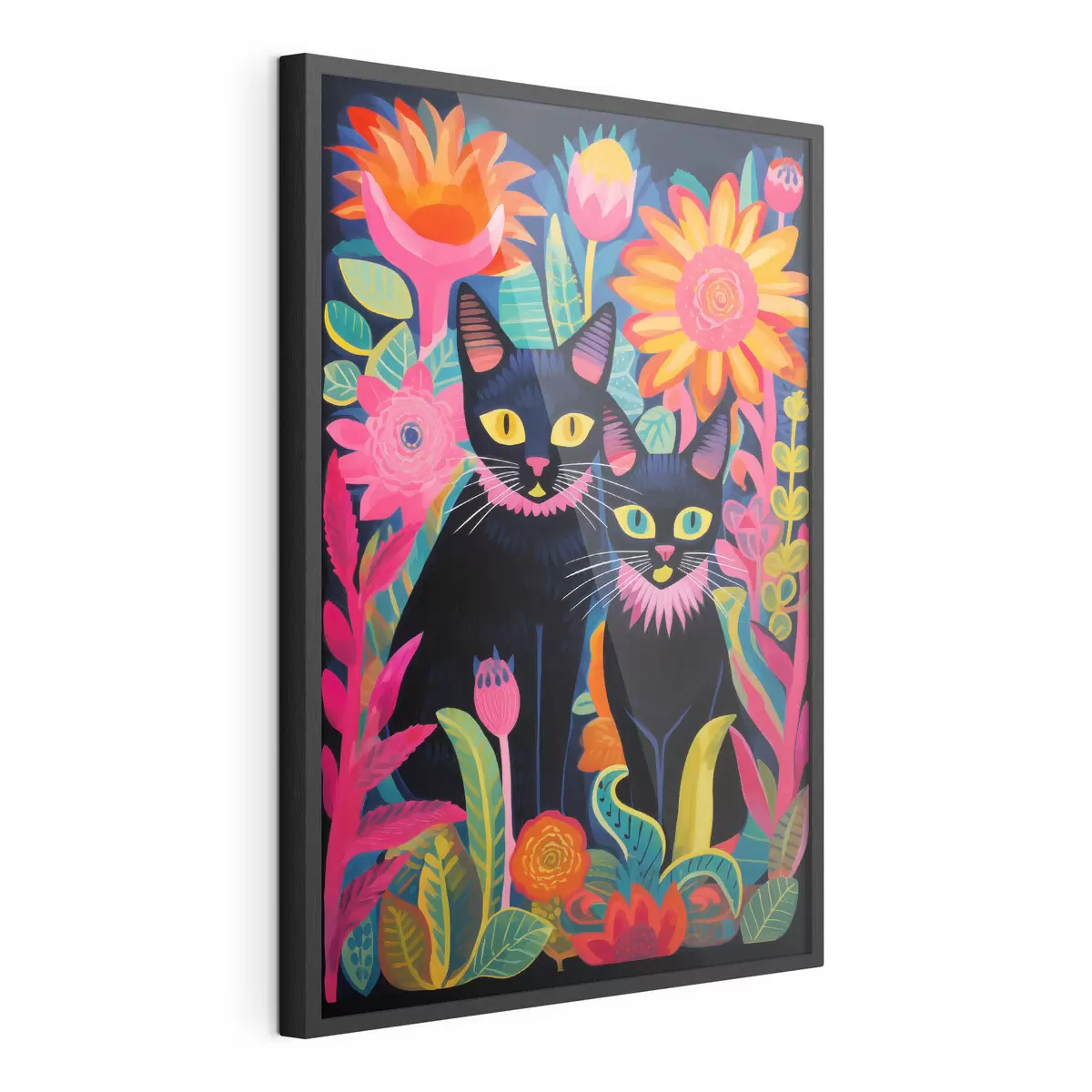 Poster Due gatti neri tra fiori dai colori vivaci f47299