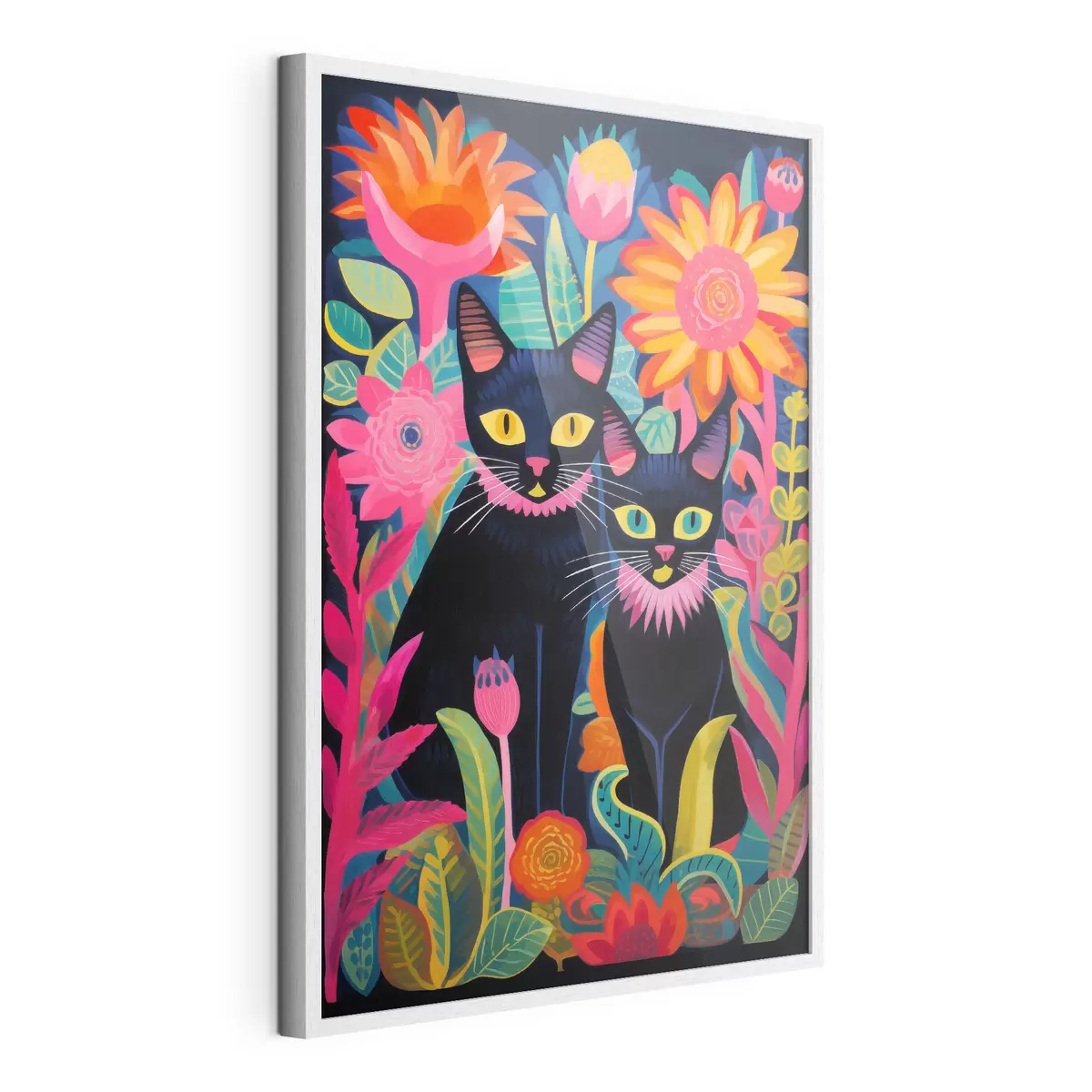 Poster Due gatti neri tra fiori dai colori vivaci f47299