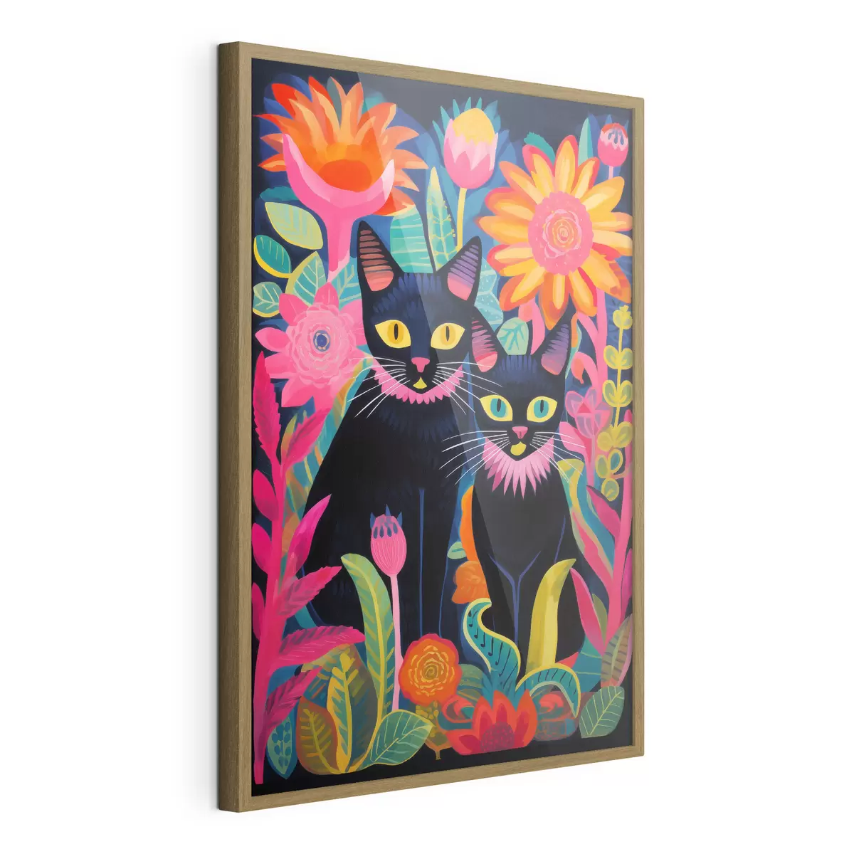Poster Due gatti neri tra fiori dai colori vivaci f47299