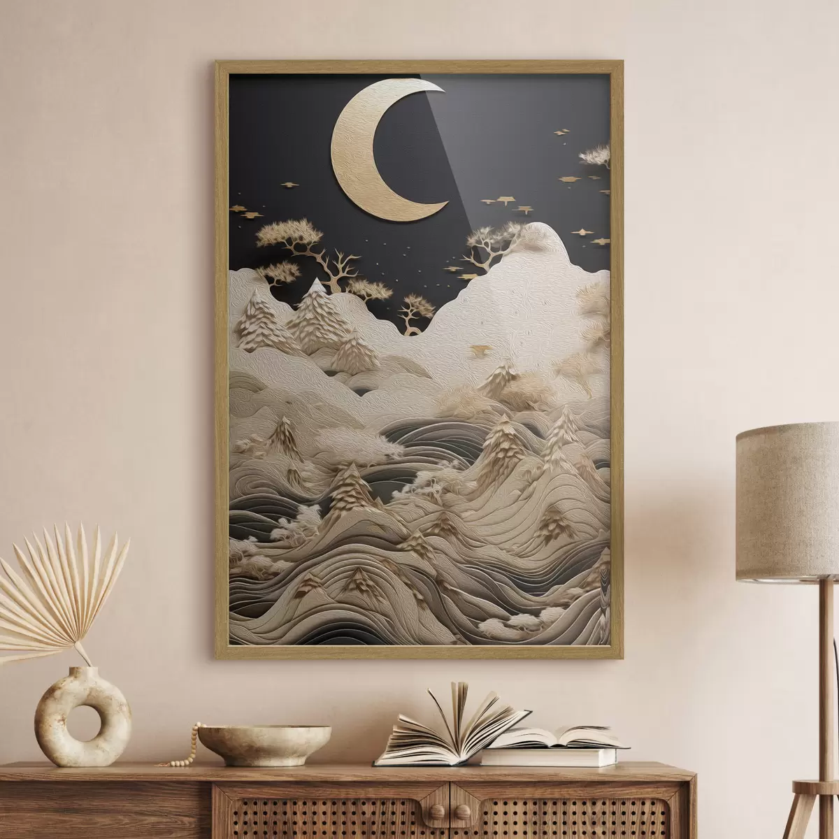 Poster Montagne e alberi stilizzati sotto la luna f47300