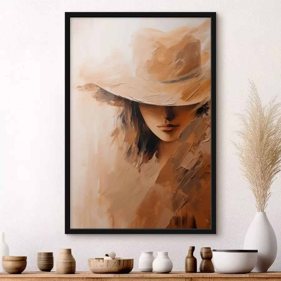 carta da parati Donna con cappello dipinta con pennellate calde e materiche nr. f47315