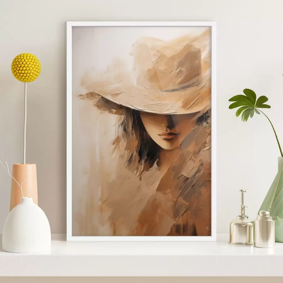 carta da parati Donna con cappello dipinta con pennellate calde e materiche nr. f47315
