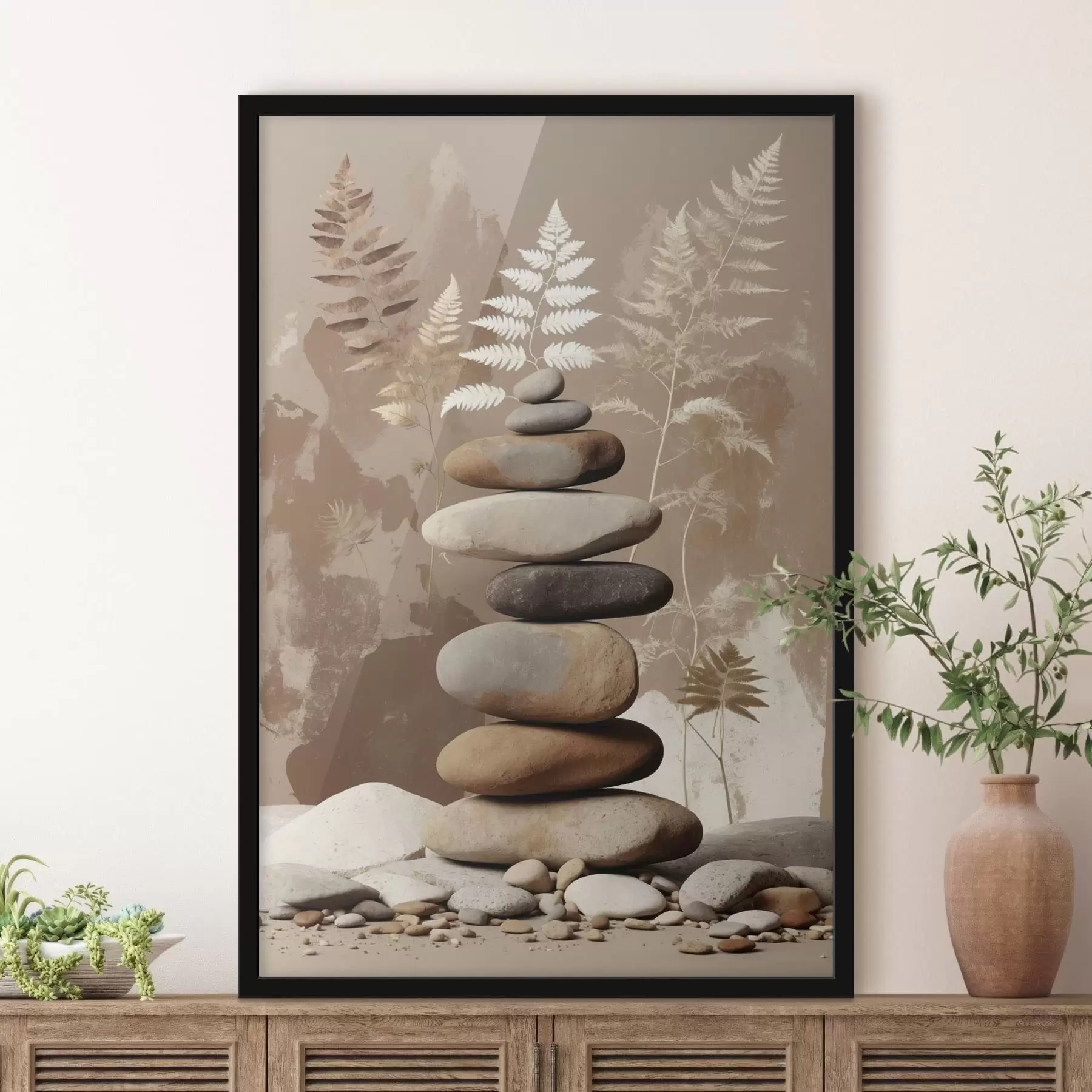 carta da parati Pila di pietre levigate con uno sfondo botanico nr. f47764