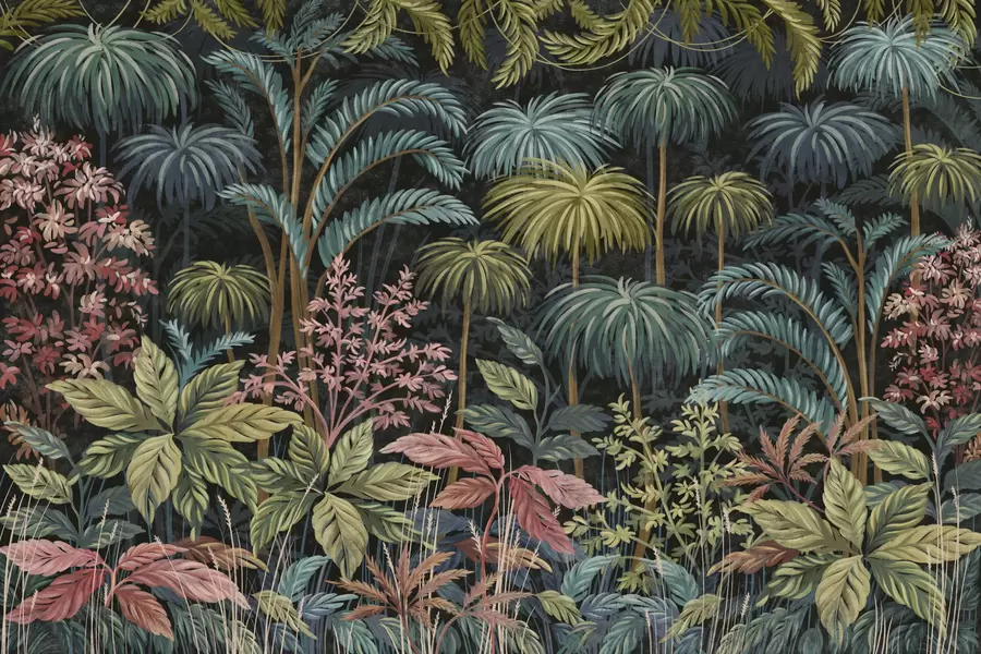 Carta da parati nature Fogliame tropicale fitto con foglie grandi 