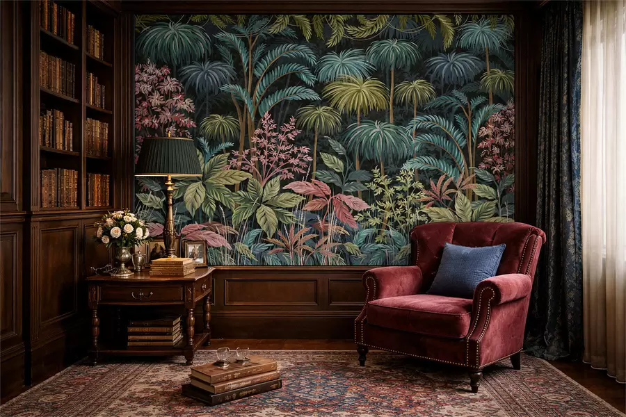 Carta da parati nature Fogliame tropicale fitto con foglie grandi 