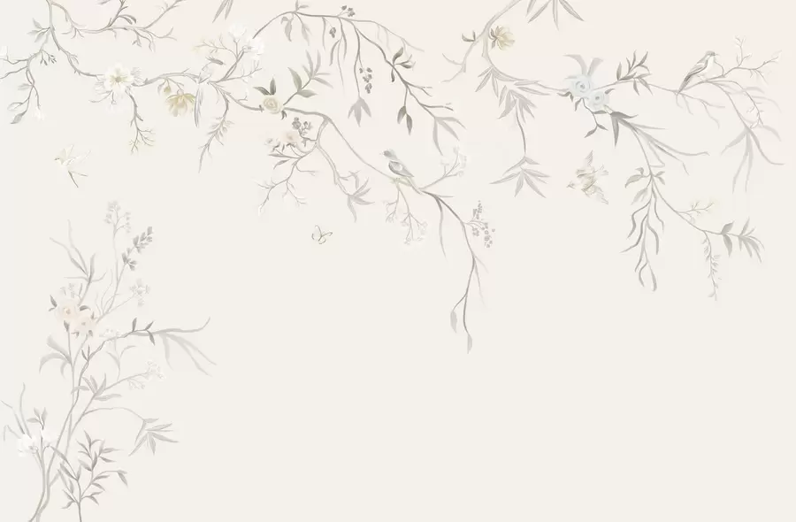 Carta da parati Floreale Delicati fiori e uccellini su sfondo gessato n. w05127