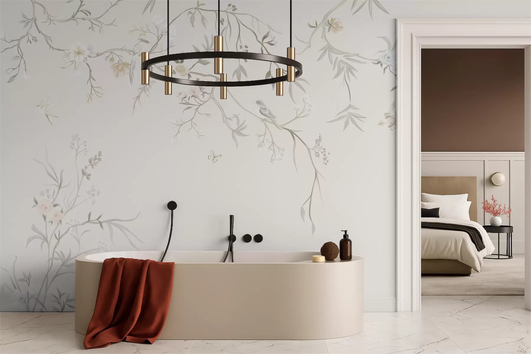 Carta da parati Floreale Delicati fiori e uccellini su sfondo gessato n. w05127