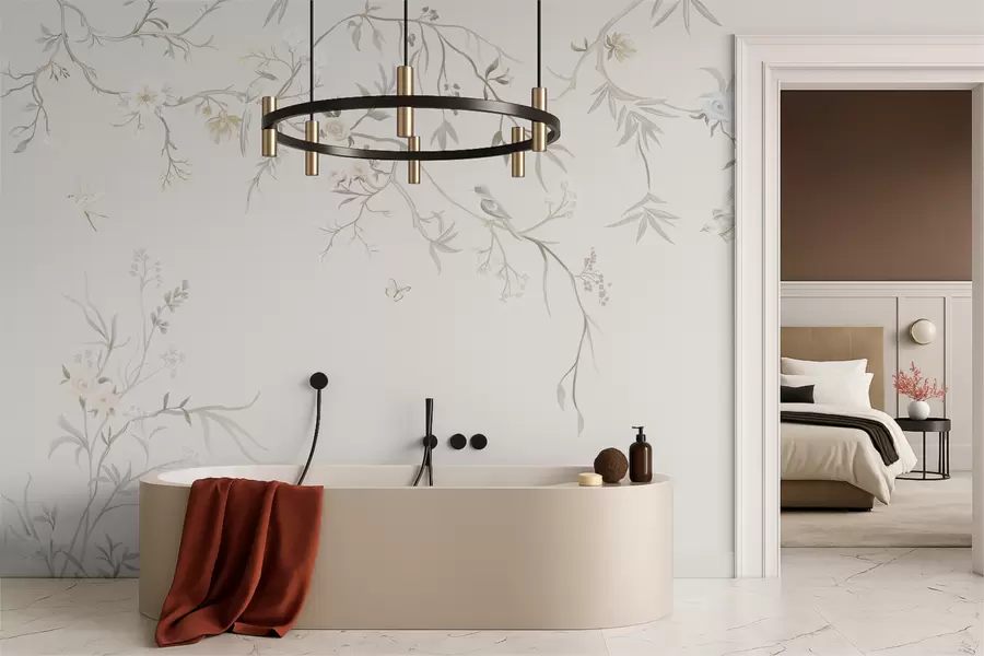 Carta da parati Floreale Delicati fiori e uccellini su sfondo gessato n. w05127