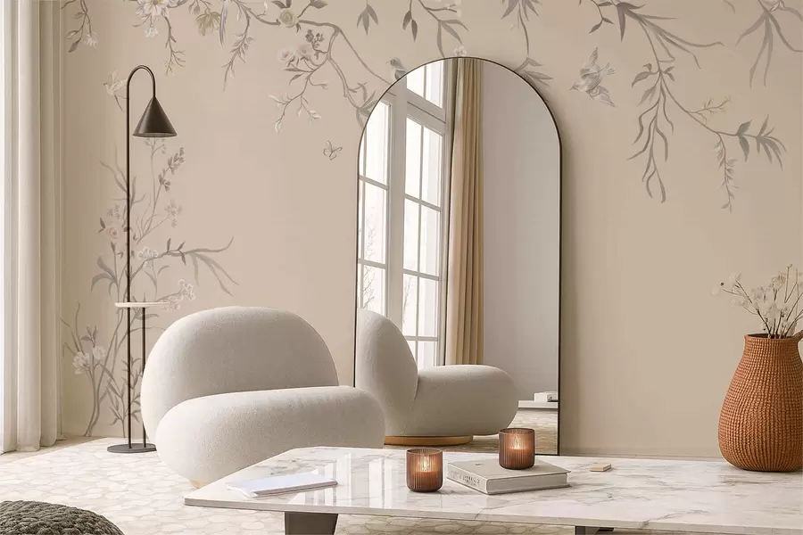 Carta da parati Floreale Rami fioriti con uccellini su sfondo beige caldo n. w05127v1