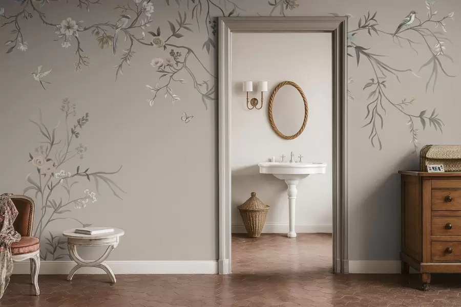 Carta da parati Floreale Ornamento floreale con uccelli su sfondo neutro n. w05127v3