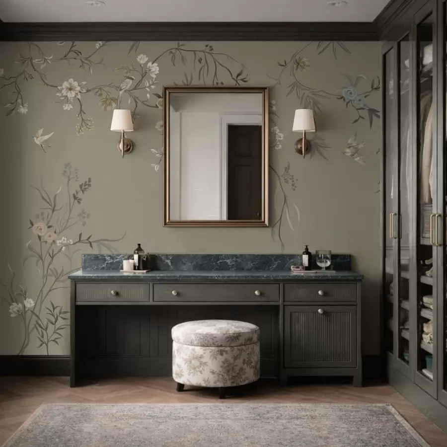 Carta da parati Floreale Motivo floreale con uccelli su sfondo grigio n. w05127v4