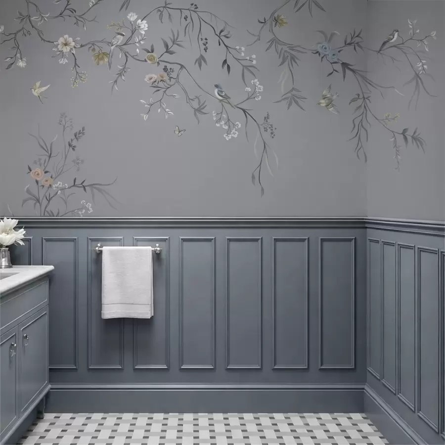 Carta da parati Floreale Rami fioriti con uccelli su sfondo verdastro n. w05127v5