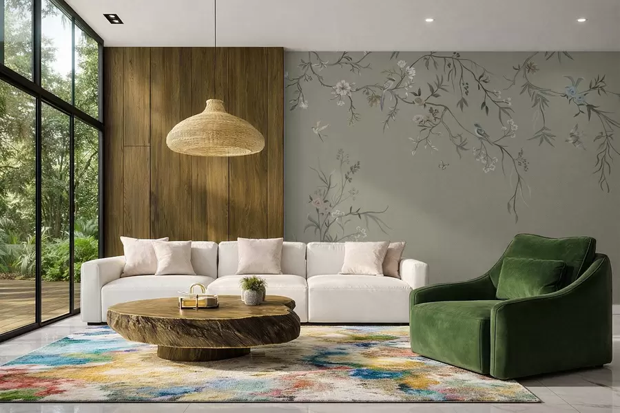 Carta da parati Floreale Motivo floreale con uccelli su sfondo freddo n. w05127v6