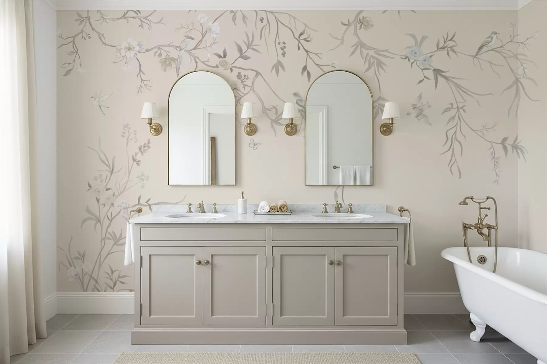 Carta da parati Floreale Rami fioriti con uccelli su sfondo chiaro n. w05127v7