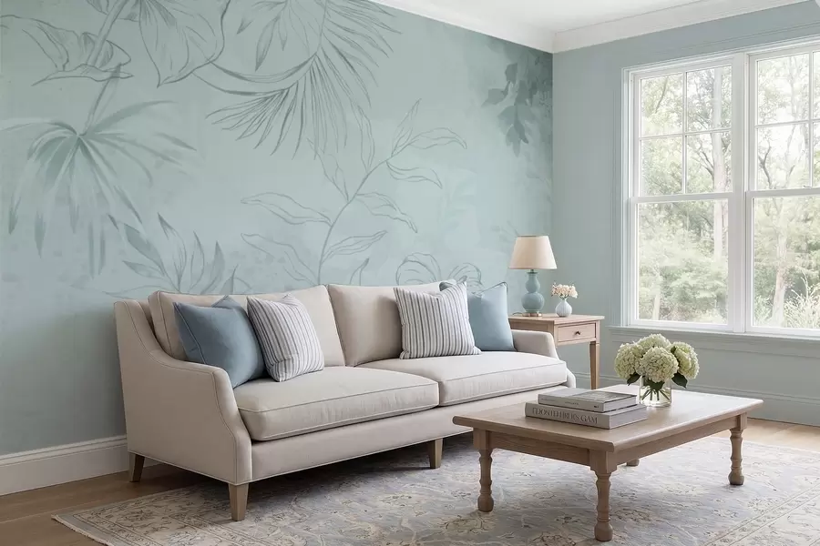 carta da parati Piante lineari su sfondo verde chiaro nr. w05128v1