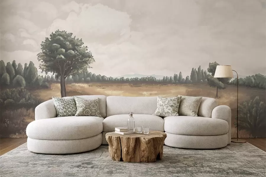 Carta da parati nature Paesaggio dipinto con alberi e campo aperto 