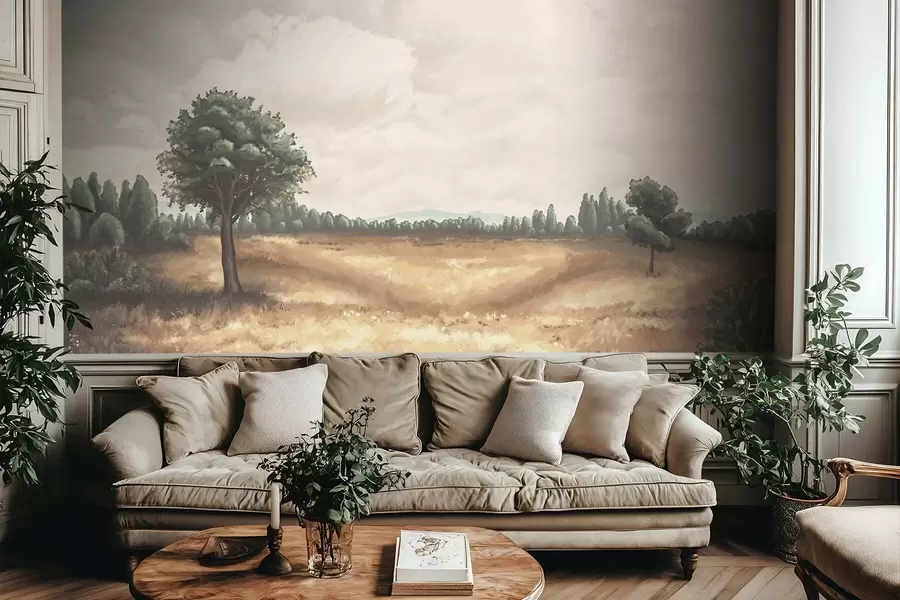 Carta da parati nature Paesaggio dipinto con alberi e campo aperto 