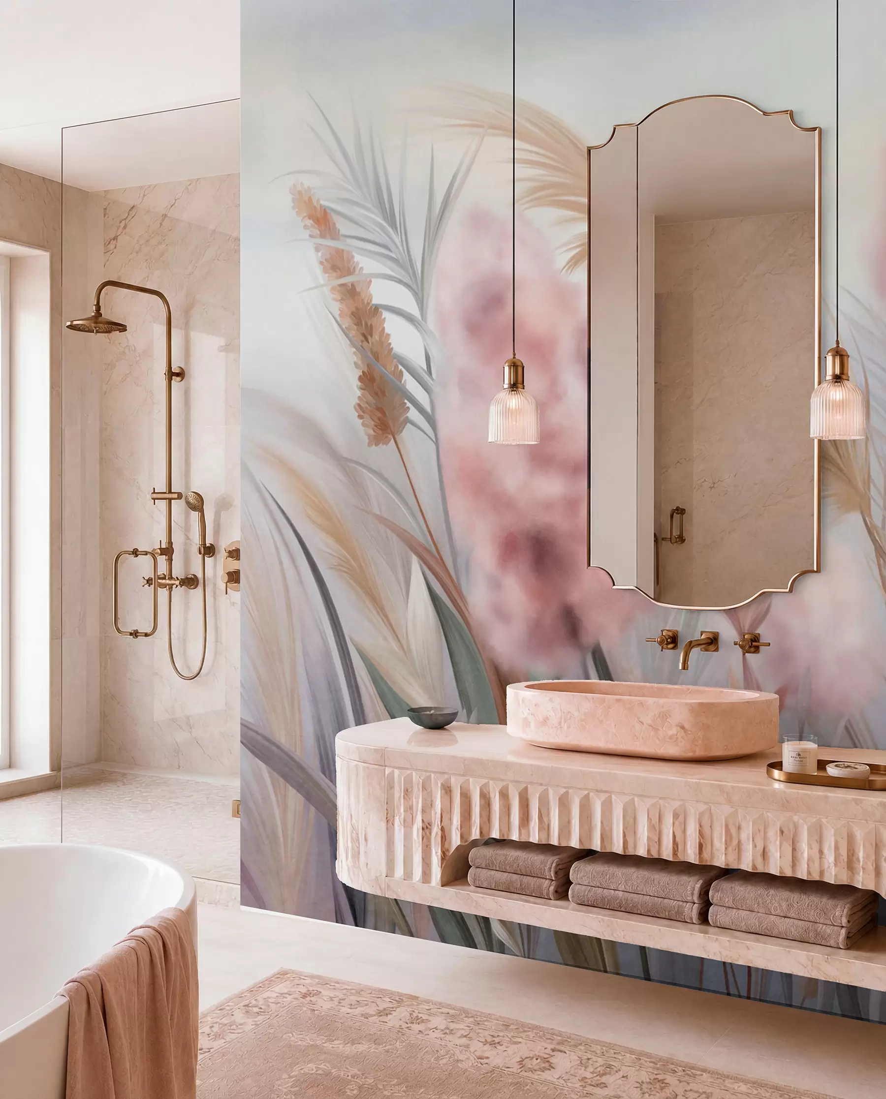 Carta da parati nature Erba della pampa rosa e beige e altri fiori secchi con un cielo morbido e nebbioso sullo sfondo 