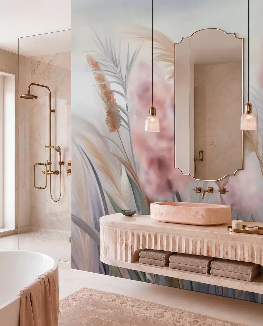 Carta da parati nature Erba della pampa rosa e beige e altri fiori secchi con un cielo morbido e nebbioso sullo sfondo 